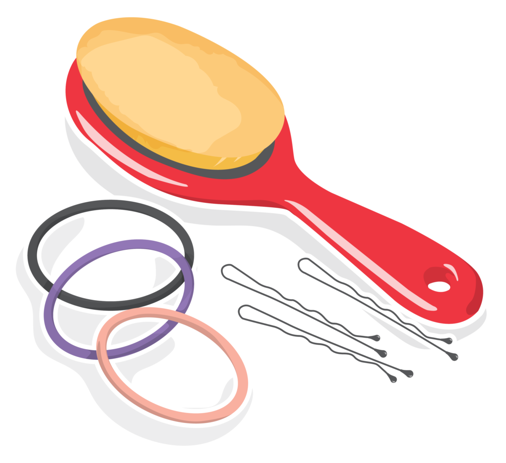 Hair styling tools - brush, hair elastics, bobby pins
