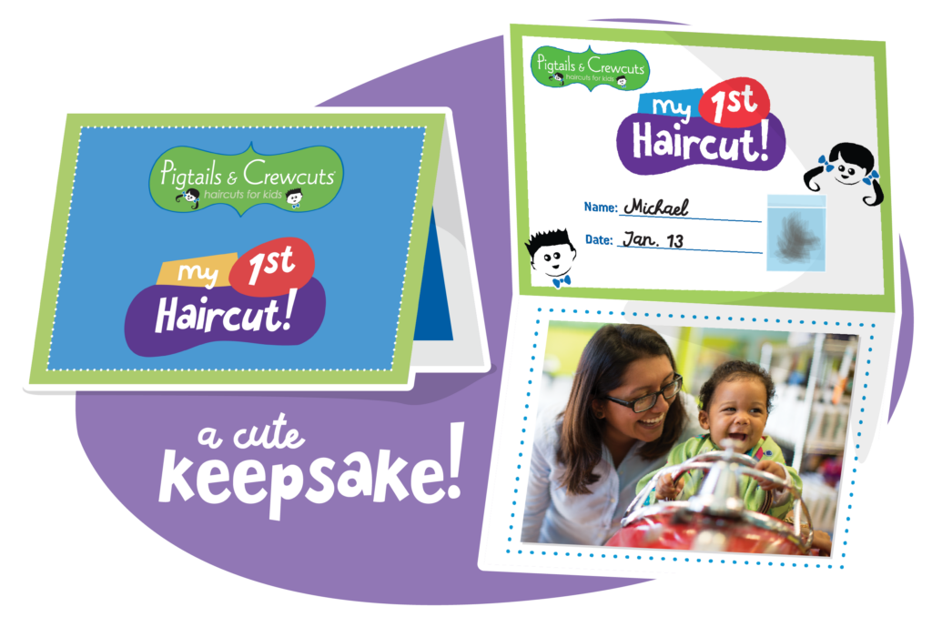 First Haircut Keepsake - photo souvenir card with child's name, haircut date, and a lock of hair